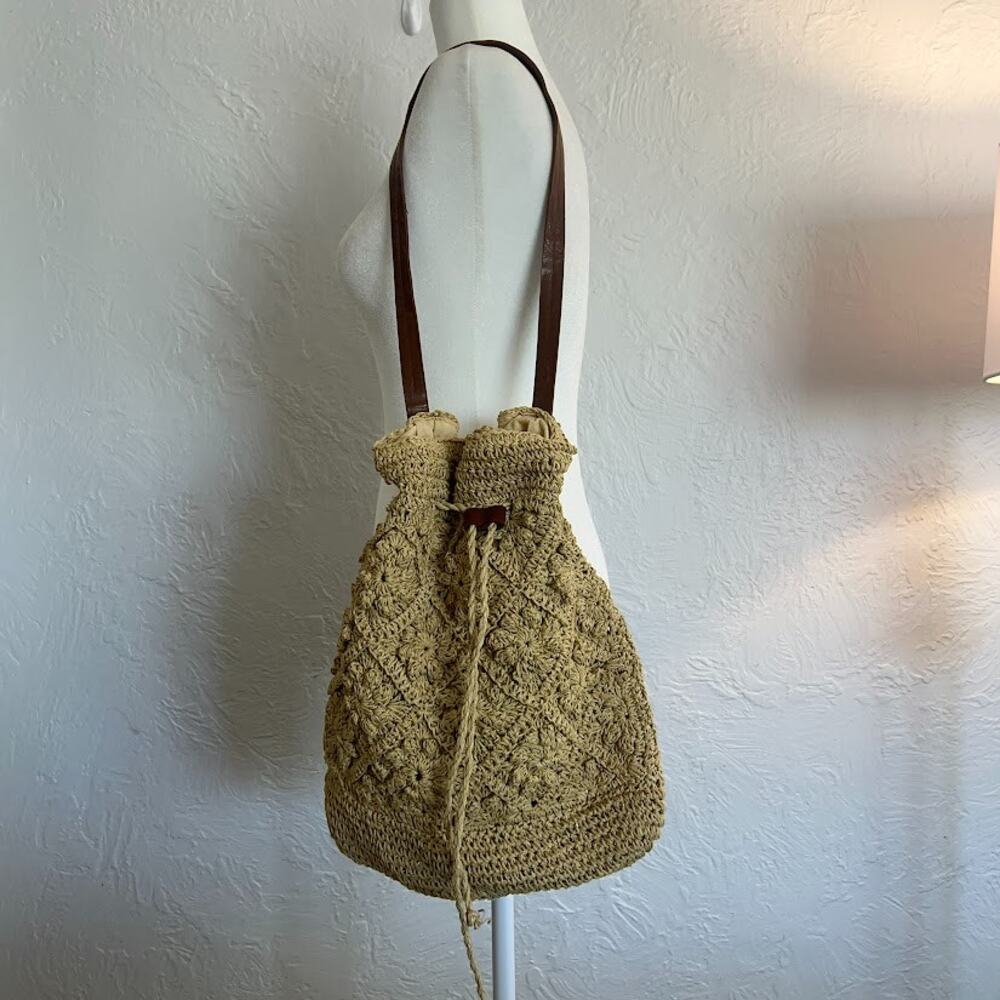 Straw Studios Crochet Straw Drawstring Bucket Bag Shoulder Purse Boho Coastal